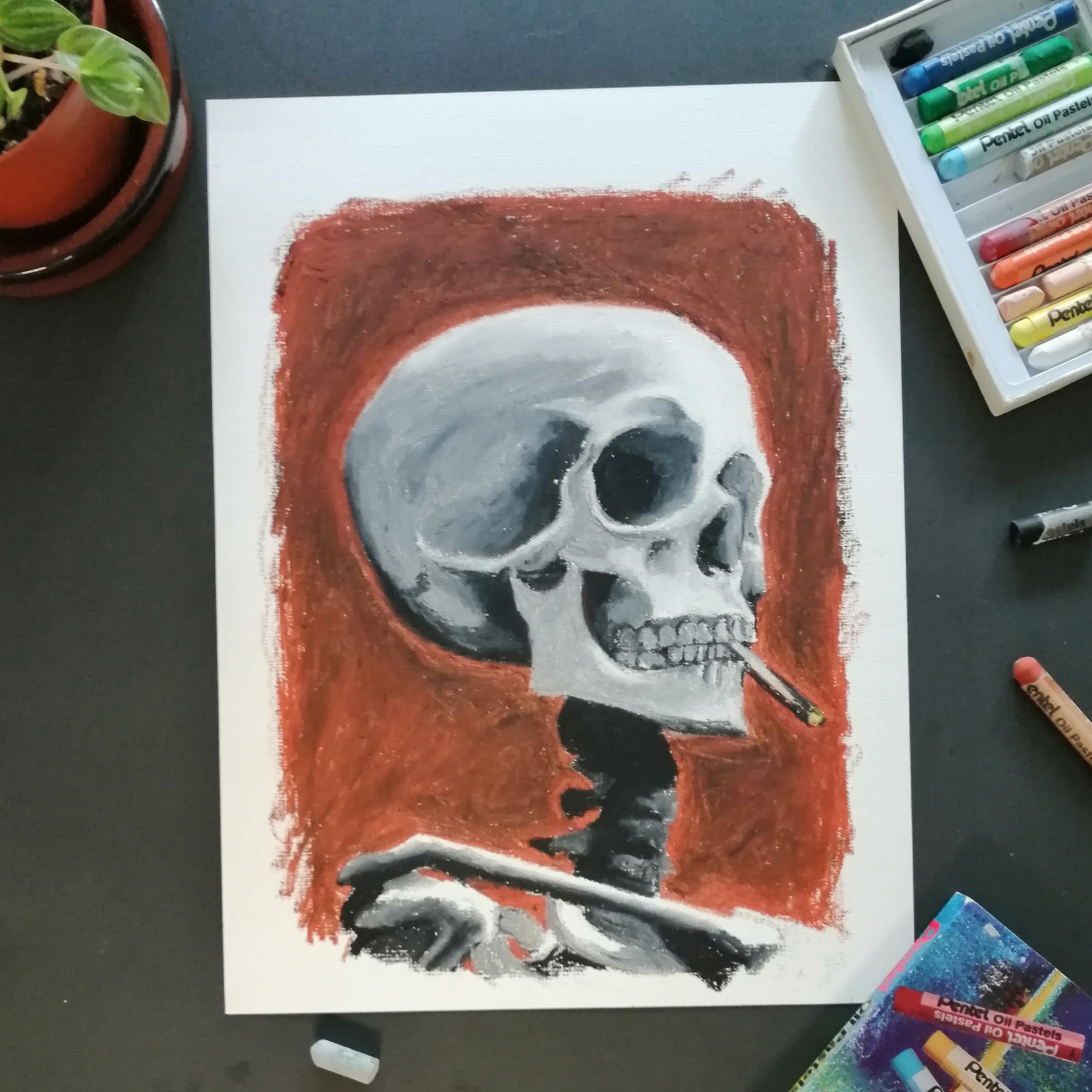 Recreation of Van Gogh's skull painting but with oil pastels.